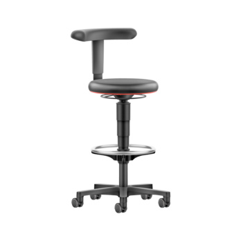 Work stool with seat-stop castors and foot ring
