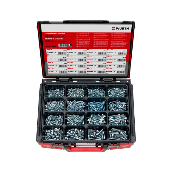 Coffret de vis à tête cylindrique ISO 4762 6 pans acier zingué 960 pièces dans ce rangement à compartiments 4.4.1 - SCR-CYL-SYSKO-ISO4762-8.8-(A2K)-960PCS