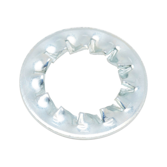 Serrated lock washer, internally serrated, shape J DIN 6798 zinc-plated steel, blue passivated (A2K). Internally serrated. - 1