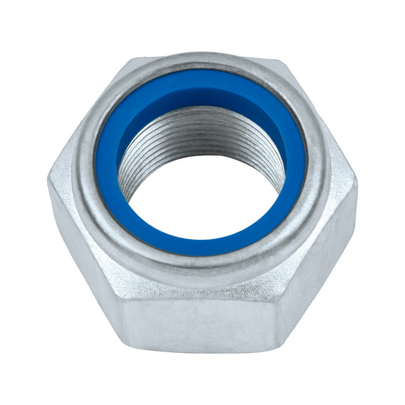 Ecrou hexagonal, forme basse, avec pièce de serrage (insert non métallique) ISO 10511, acier 5, zingué bleu (A2K) - ECROU-HEX-ISO10511-05-WS18-(A2K)-M12