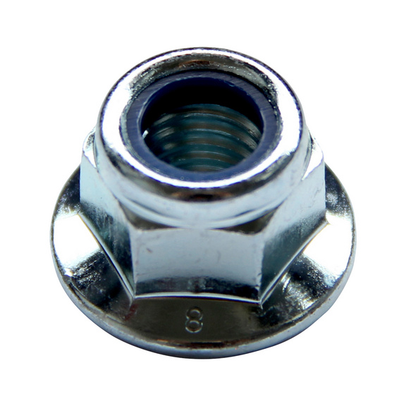 Hexagonal nut with flange and clamping piece (non-metallic insert) fine thread EN 1666, steel 8, zinc-plated, blue passivated (A2K) - NUT-HEX-FLG-EN1666-8-WS18-(A2K)-M12X1,5