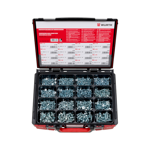 Coffret de vis à tête fraisée ISO 14581 acier zingué Sysko 1 140 pièces dans ce rangement à compartiments 4.4.1 - SCR-CS-SYSKO-ISO14581-(A2K)-1140PCS