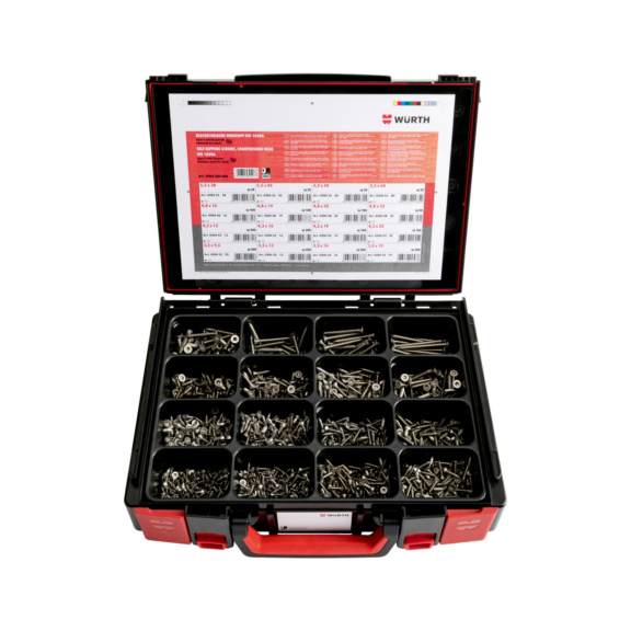 Coffret de vis à tôle TF TX ISO 14586 inox A2 Sysko 1 875 pcs dans ce rangement à compartiments 4.4.1 - SCR-SYSKO-ISO14586-A2-(PL)-TX-1875PCS