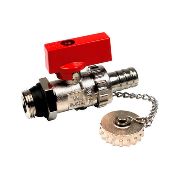 Ball valve KFE M/M w. cap, chain a. hose fitting - BALVLVE-KFE-ET/HF-BRS-(NI)-SLFSEAL-G1/2