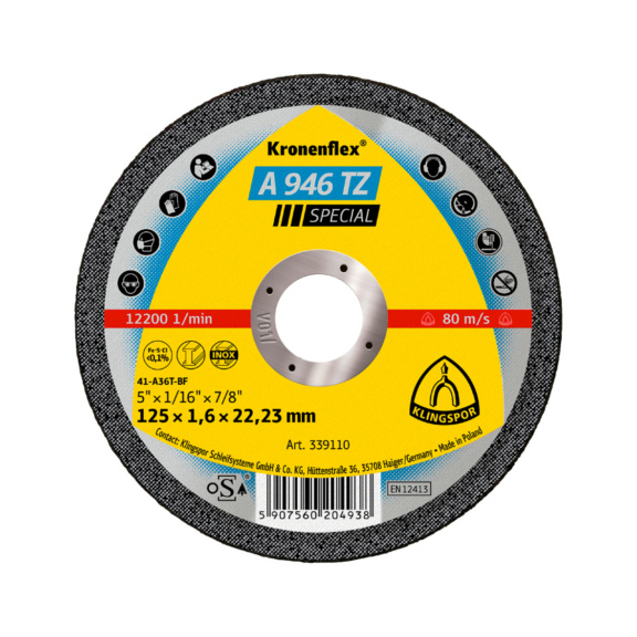 Cutting disc steel/sst A 946 TZ Special Klingspor - CUTDSC-KLINGSPOR-339110-1,6X22,23-D125