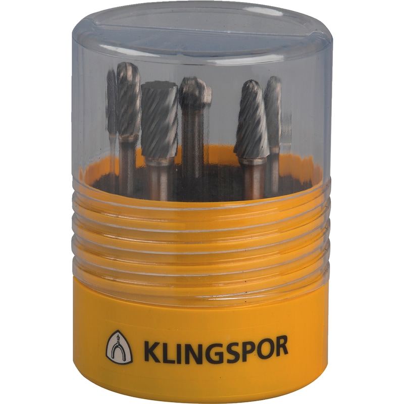 Produktbild von PFERD HM-Frässtift-Set 21901501 – 15-teilig, Zahnung 5, Schaft-ø 3 Mm, Für Stahl, INOX, Gusseisen, In Bruchfester Kunststoffbox
