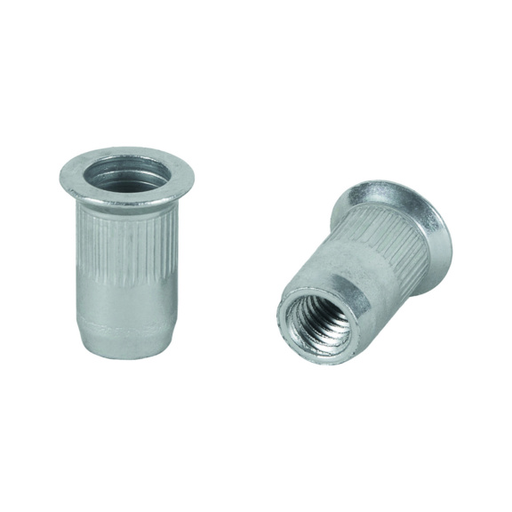 Riv nuts, grooved, csk head open end, steel<br/> - RVT NUT CSK STEEL GROOVED M8 11.0X19.0MM