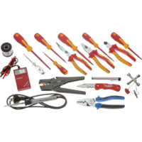 Electricians tool set, VDE screwdrivers, VDE pliers, soldering iron, pen light