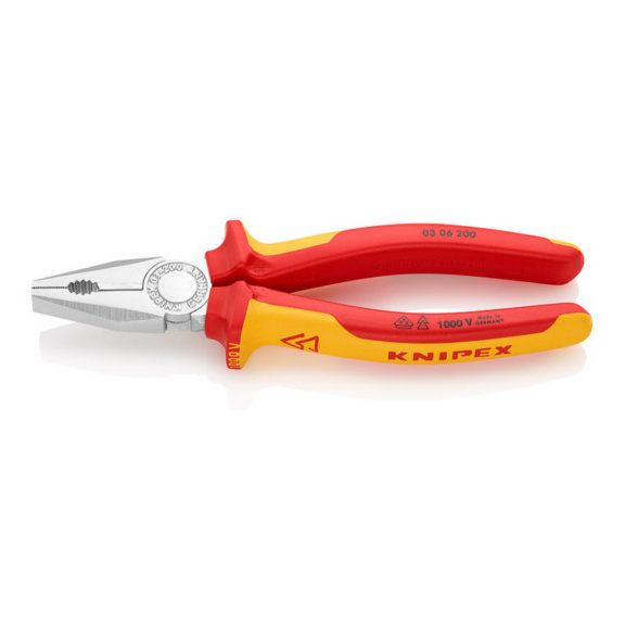 Pince universelle VDE KNIPEX 200&nbsp;mm, tête chromée, poignée bimatière - Pince universelle isolée VDE avec manchons de préhension bimatière