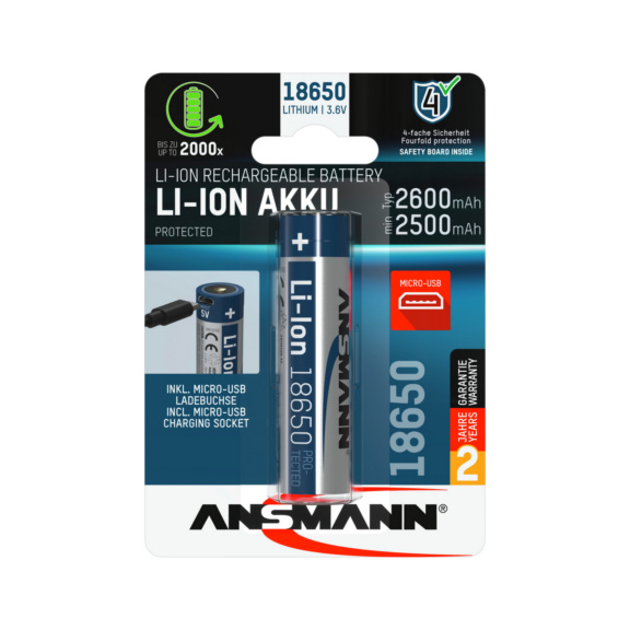 ANSMANN Akku Typ 18650 3,6 V-2600 mAh mit Ladebuchse - Lithium-Ion Akku 18650