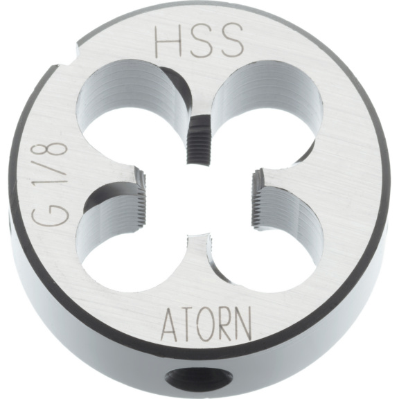 ATORN Schneideisen HSS EN 24231 G 1 in Toleranz A Aussendurchmesser 65 mm - Schneideisen HSS G Rechts Tol. A mit Schälanschnitt und 1,75-Gang Anschnitt