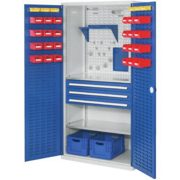 RasterPlan Werkzeugschrank Mod. 22 1950x1000x600mm Schlitzplattentüren 7035/7016 - Flügeltürenschrank mit Fachboden und Schubladen