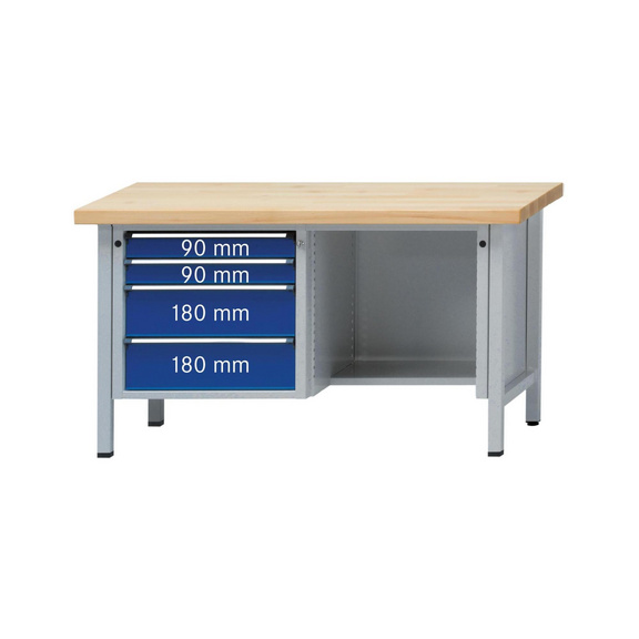 ANKE Werkbank Modell 334 V 1500x700x850 mm Platte Zinkblechbelag, RAL 7035/5010 - Kasten-Werkbank Serie V 1500 mit Sitzaussparung