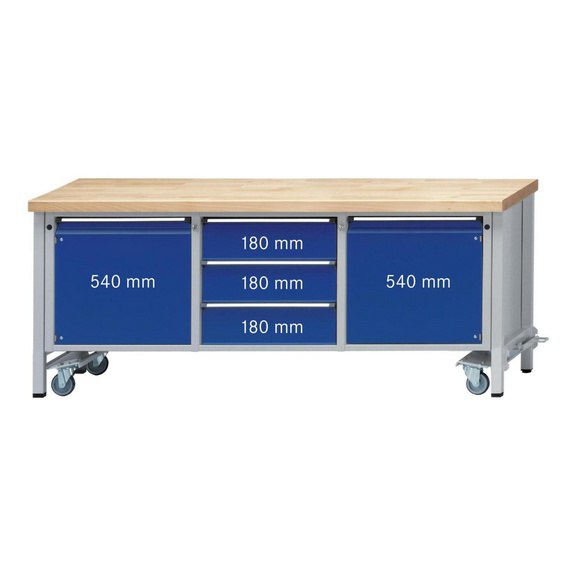 ANKE Werkbank Modell 122V 2000x700x850 mm Platte Universalbelag, RAL 7035/5010 - Kasten-Werkbank Serie V 2000 mit absenkbarer Fahreinrichtung