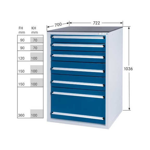 HK Werkzeugschrank System 700 S, Modell 32/6 GS - geprüft RAL 7035 / RAL 5010 - Schubladenschrank System 700 S mit 6 Schubladen