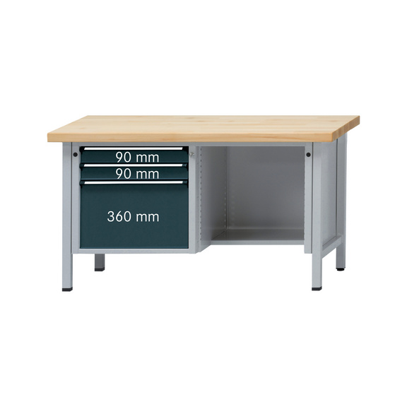 ANKE Werkbank Modell 410 V 1500x700x850 mm Platte Buche massiv, RAL 7035/7016 - Kasten-Werkbank Serie V 1500 mit Sitzaussparung