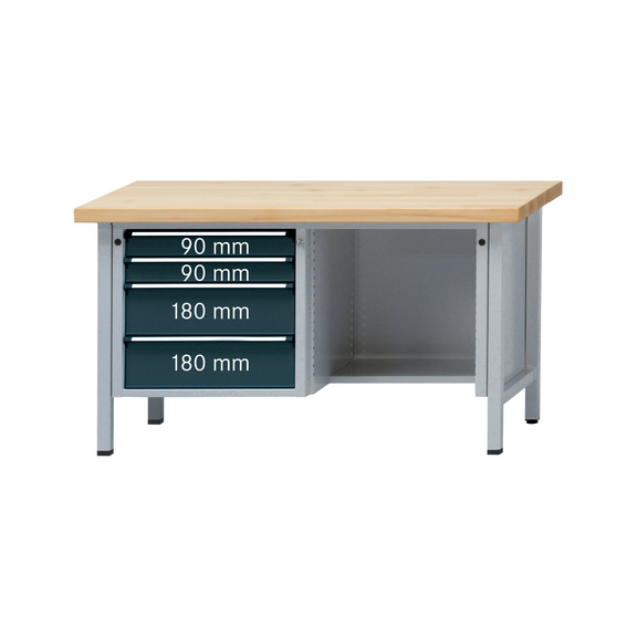 ANKE Werkbank Modell 334 V 1500x700x900 mm Platte Buche massiv, RAL 7035/7016 - Kasten-Werkbank Serie V 1500 mit Sitzaussparung