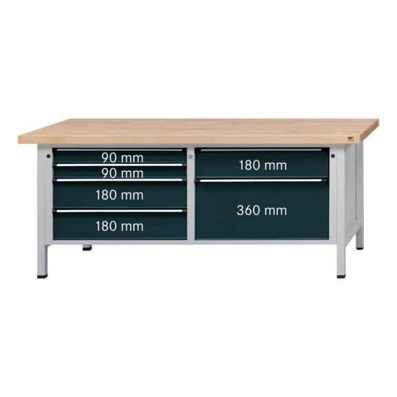 ANKE Werkbank Modell 216 V Platte Buche-Massiv 2000x800x900 mm Farbe wählbar - Werkbank Serie VX 2000 mit XL-Schubladen