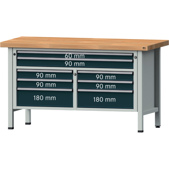 ANKE Werkbank Modell 259 V Platte Buche-Massiv 1500x700x900 mm RAL wählbar - Kasten-Werkbank Serie V 1500