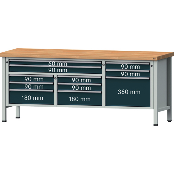 ANKE Werkbank Modell 283 V Platte Buche-Massiv 2000x700x850 mm RAL wählbar - Kasten-Werkbank Serie V