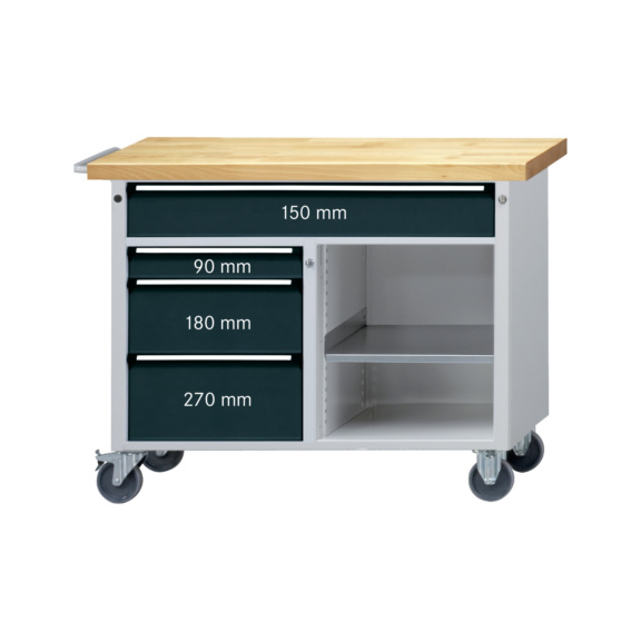 HK Roll Werkbank 970x1140x650 mm 1x große Schublade ohne Türe RAL 7035/5010 - Rollwerkbank, Arbeitshöhe 970 mm