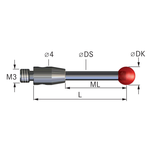 Messtaster mit HM-Schaft M3 RubinKugeldurchmesser 3 mm, L = 40 mm - Tasteinsätze mit Rubinkugel und Hartmetall-Schaft