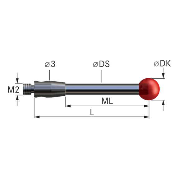 Messtaster mit HM-Schaft M2 RubinKugeldurchmesser 2 mm, L = 20 mm - Tasteinsätze mit Rubinkugel und Hartmetall-Schaft