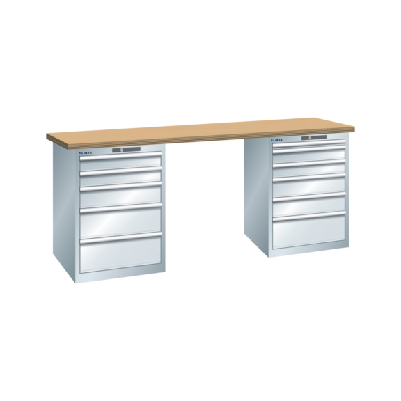 70.327.020 LISTA, Werkbank 27x36E (BxTxH) 2000x800x900mm Buche RFID Lock R7035 - "Werkbank mit Schubladenschrank"