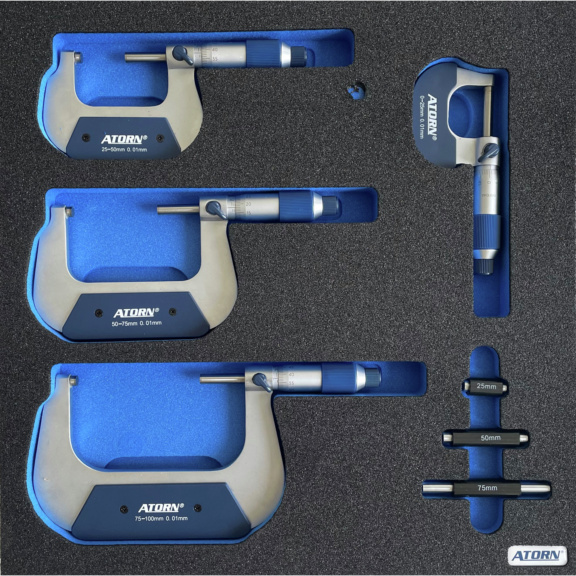 ATORN Hartschaumeinlage bestückt mit vier Bügelmessschrauben 0-100 mm - Hartschaumeinlage - Bügelmessschrauben 4
