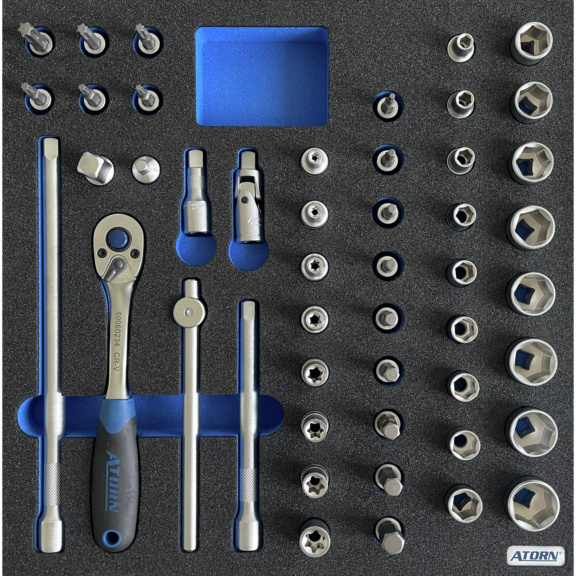 ATORN Hartschaumeinlage bestückt mit 49-teilgem Steckschlüssel-Sortiment - Hartschaumeinlage - Steckschlüssel-Sortiment 49