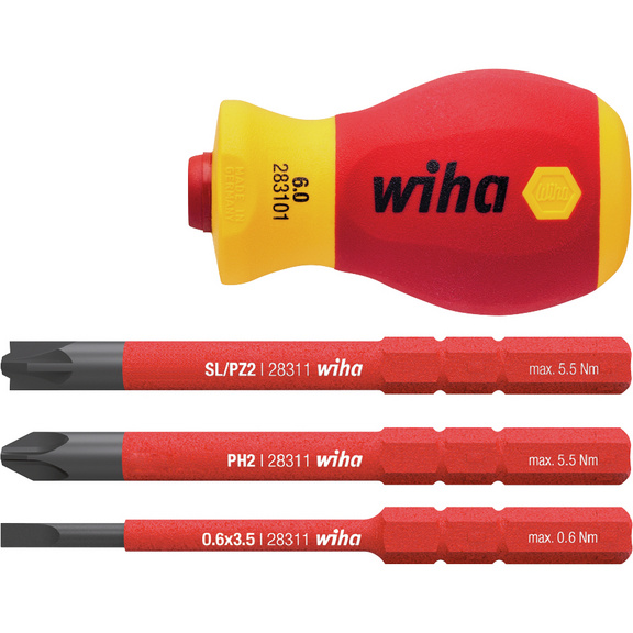 WIHA VDE Stubby Bithalte-Schraubendreher mit 3 slimVario Klingen - VDE Schraubendreher mit Bihalter Set SoftFinish