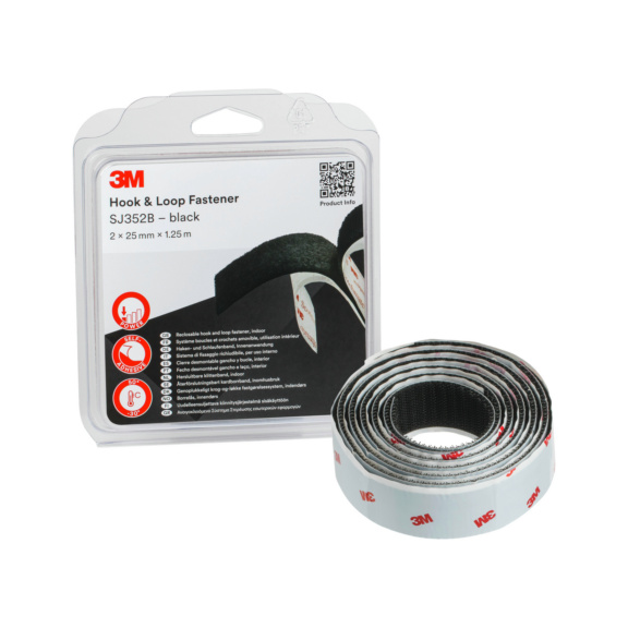 3M Haken- und Schlaufenband SJ352B, Schwarz, 25 mm x 1.25 m, 4.4 mm, - Dual-Lock Langrolle SJ3520