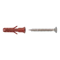 Nylon anchor with flange, includes raised-countersunk head particle board screw   W-MR
