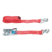 Ratchet strap, two-piece, double-claw hook with safety catch