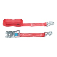 Ratchet strap, two-piece, double-claw hook with safety catch