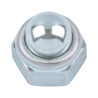 Dado cieco esagonale con elemento di serraggio (inserto non metallico) DIN 986, acciaio 8 zincato, passivato bianco (A2K)