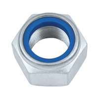 Zeskantmoer, lage vorm, met klemdeel (niet-metalen inzetstuk) DIN 985, staal I6I/I8I, verzinkt, blauw gepassiveerd (A2K)