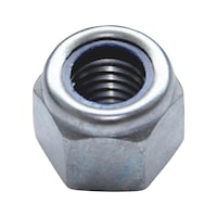 Sekskantmøtrik med klemstykke (ikke-metallisk indsats) ISO 7040, stål 8, zink-nikkel-belagt, sølv (ZNSHL)