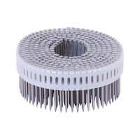 Ring shank coil nail on plastic tape