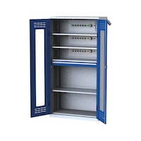Battery charging cabinets with hinged doors