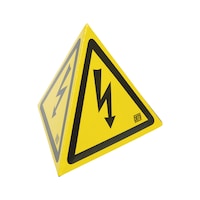 Tetraéder alakú figyelmeztető tábla „Veszélyes elektromos feszültség” felirattal Mágnes talppal