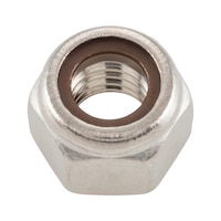 Zeskantmoer met klemstuk (bruin, niet-metalen inzetstuk) ISO 7040, RVS A2-70, blank, met bruine ring