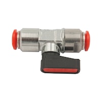 Union fitting with ball valve, push-in connection