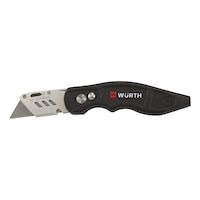 Trapezoidal blade knife With integrated, magnetic 1/4 inch bit holder and cable stripping tool