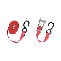 Ratchet lashing belt, two-part with S-hooks