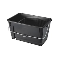 Paint bucket With roll-off surface and integrated tool tray
