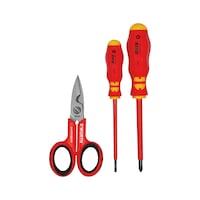 Cable cutter with wire stripper notch and electrician's screwdriver assortment 
