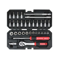 1/4 INCH SOCKET WRENCH ASSORTMENT 32 PIECES Versatility and Scalability: a combination of the most used types of accessories for a broad range of applications in the fields of industrial maintenance, construction projects, automotive repair, and furniture assembly.