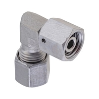 90° angled adjustable sealing cone fitting ISO 8434-1, zinc-nickel-plated steel, cutting ring connection with o-ring