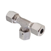 Adjustable T-shaped sealing cone fitting ISO 8434-1, stainless steel 1.4571, cutting ring connection with o-ring